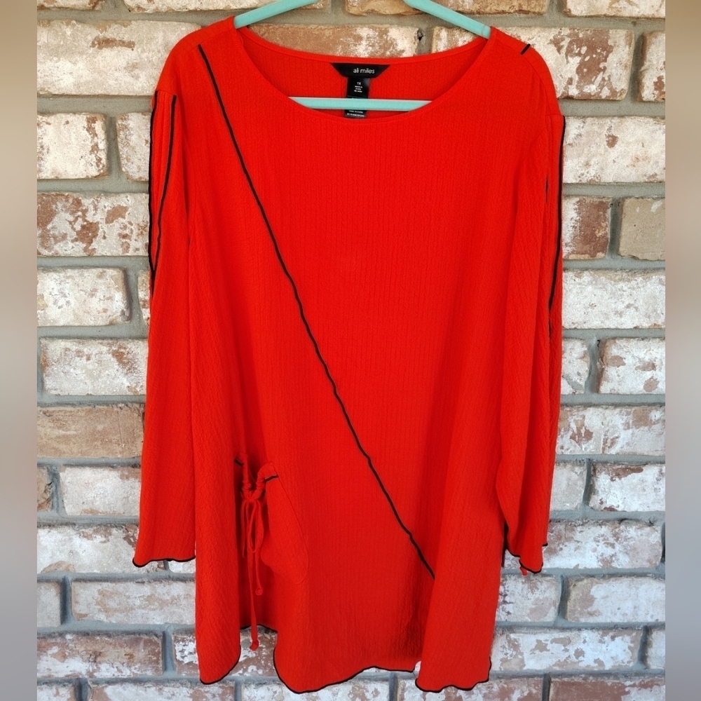 Ali Miles Bright Orange Black Trim Long Tunic Top Sz 1X Artsy Casual Boho Career